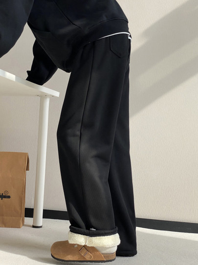 Gray heavyweight sherpa sweatpants for boys in winter plus velvet and thickened warm casual pants straight-leg loose wide-leg pants