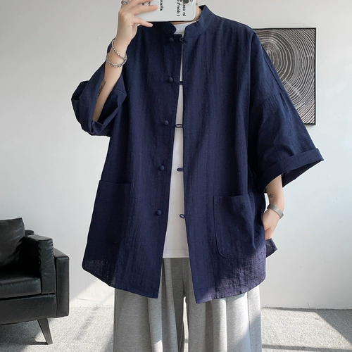 Летняя мужская куртка, ханьфу, рубашка, комплект, короткий рукав, китайский стиль, большой размер