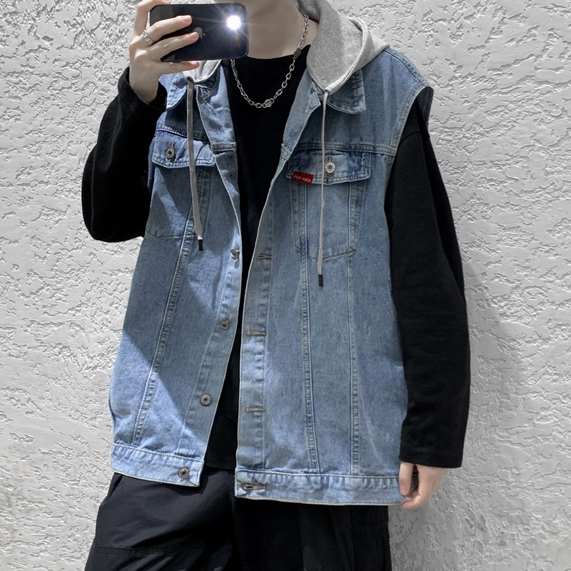 Autumn Sleeveless Denim Jacket Men's Trendy ins Loose Large Size Jacket Dark Blue Vest Men's Vest Denim Jacket