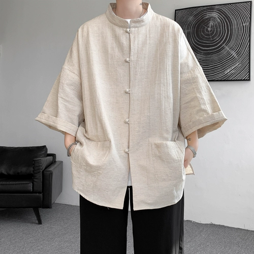 Летняя мужская куртка, ханьфу, рубашка, комплект, короткий рукав, китайский стиль, большой размер