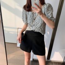 Korean version of new gray plaid small square collar summer sweetheart linen cotton short shirt Women