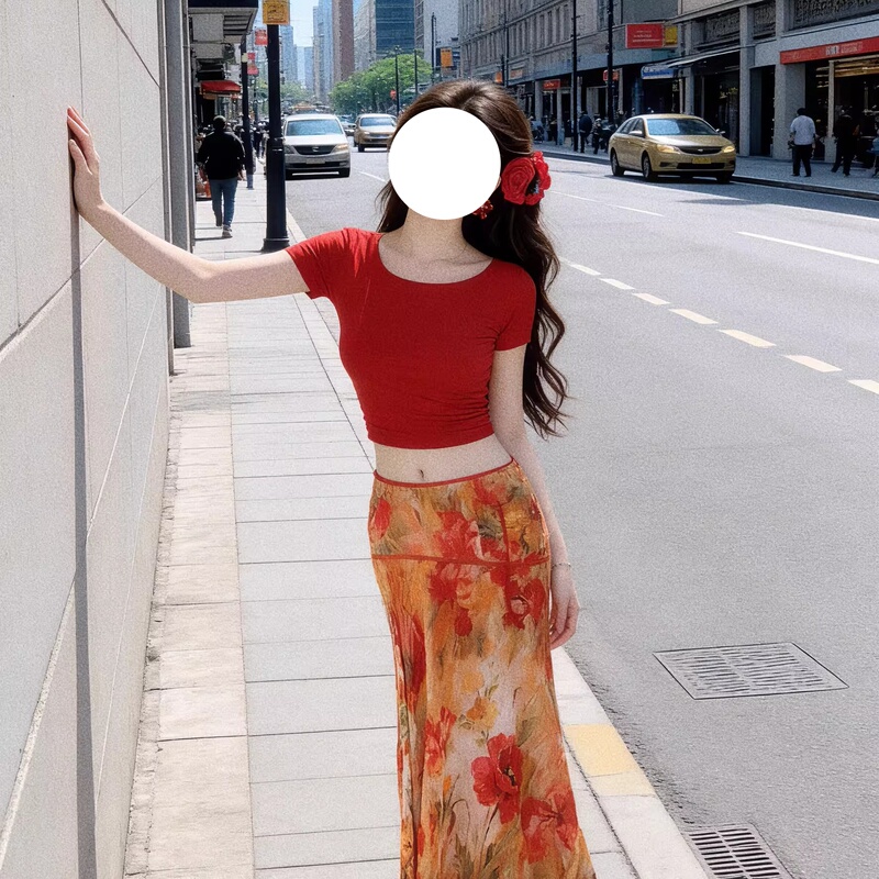 Women's Suit 2026 Summer New Style Hot Girl Retro Bright Slim Short T-Shirt Top Oil Painting Large Floral Skirt