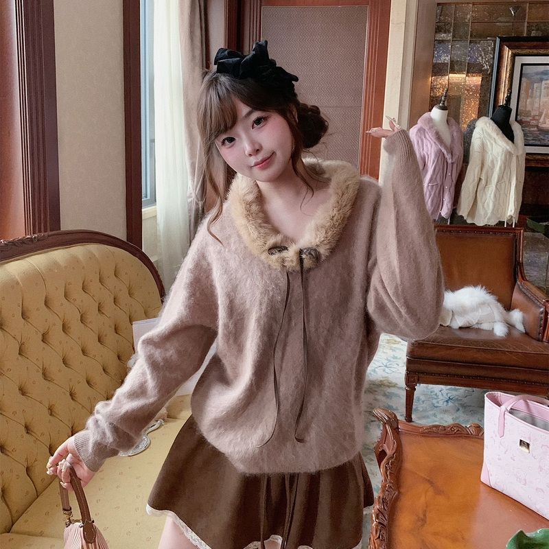 Lisaph/ Sandwich Rabbit Sheep Rabbit Fur Collar/Wool/Cashmere Loose Pullover Knit Sweater