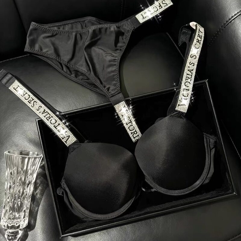 Victoria 2026 New Style Rhinestone Letter Strap Bra Soft Underwire Push-Up Bra Sexy Lace Set for Women Victoria 2026 New Style Rhinestone Letter Strap Bra Soft Underwire Push-Up Bra Sexy Lace Set for Women