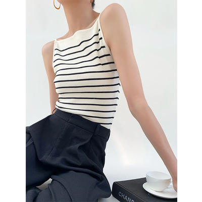 A striped halter top for women in the summer of 2026 with a French retro one-shoulder design and a backless knitted sleeveless top