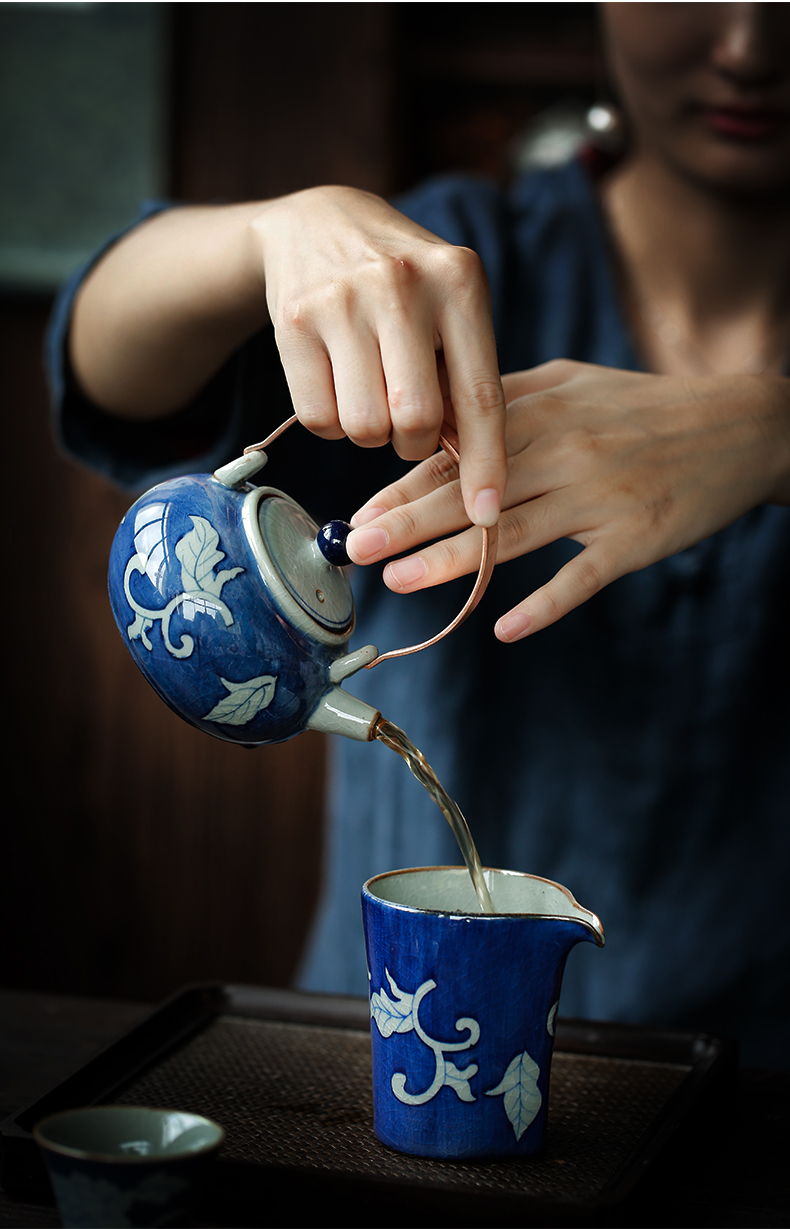 ShangYan hand - made ceramic teapot household small antique girder of blue and white porcelain pot teapot kung fu tea pot