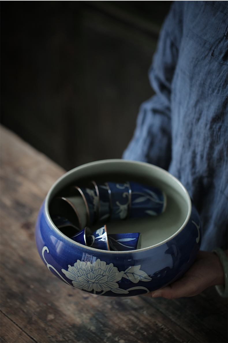 ShangYan antique blue and white porcelain tea wash large ceramic hand - made teacup for wash water to wash the tea taking tea art building water zero with a water jar
