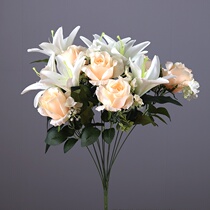 Yongyue home simulation lily rose bouquet living room table decoration flower arrangement Plastic fake flower wedding flower 12 heads