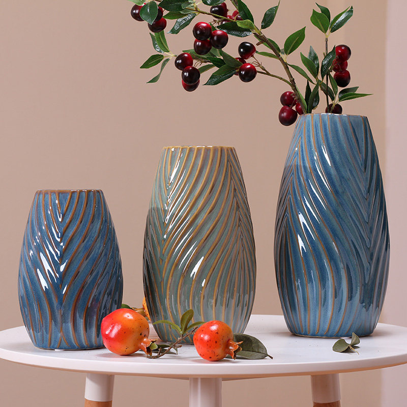 Yongyue Jingdezhen Vertical Stripe Corrugated Ceramic Vase O-style home living room Decorative Pendulum Floral Flower Arrangement Bottle