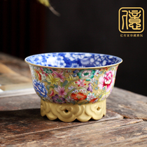 Jingdezhen ceramic teacup hand-painted inner blue and white outer enamel hundred flowers wrapped around the master cup kung fu tea cup tasting cup
