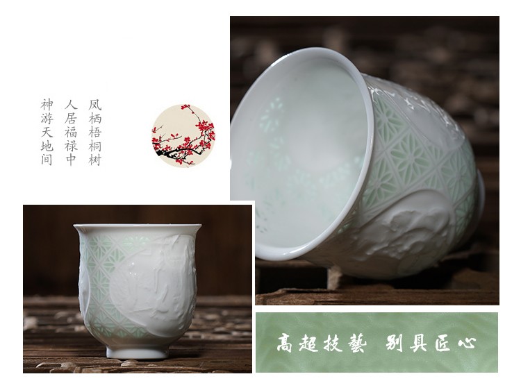 Jingdezhen tea set high half white clay ceramic knife green heap shadow carving delicate and exquisite hollow out fragrance - smelling cup masters cup