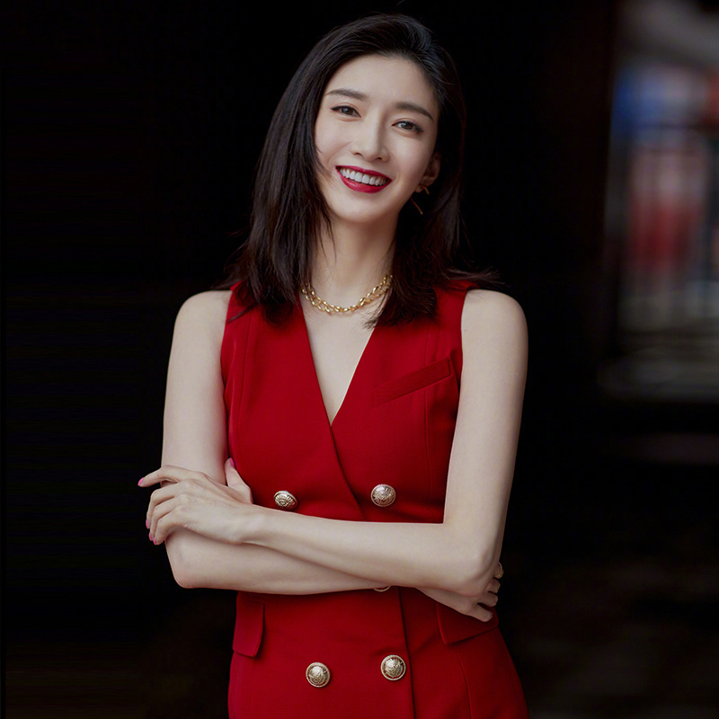 Jiang Shuying Celebrity-Style Suit Dress, Professional Red Double-Breasted Blazer Vest Dress, Slim-Fit Tank Dress for Women