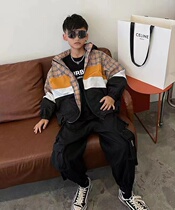 2021 Spring Boys and Girls Plaid Stitching Hooded Jacket Big Boys Windproof Childrens Jacket Zip-Up 3073