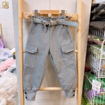 Big-eared autumn and winter childrens middle and big childrens pocket tooling thin fleece sports bundle feet knitted sweatpants 5313