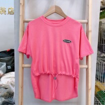 Brand summer childrens middle and big childrens short front and back long drawstring girls loose quick-drying thin section short-sleeved T-shirt 18112