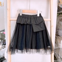 anika spring autumn and summer childrens middle school childrens Korean version of the foreign style high waist pure color mesh stitching skirt 2481