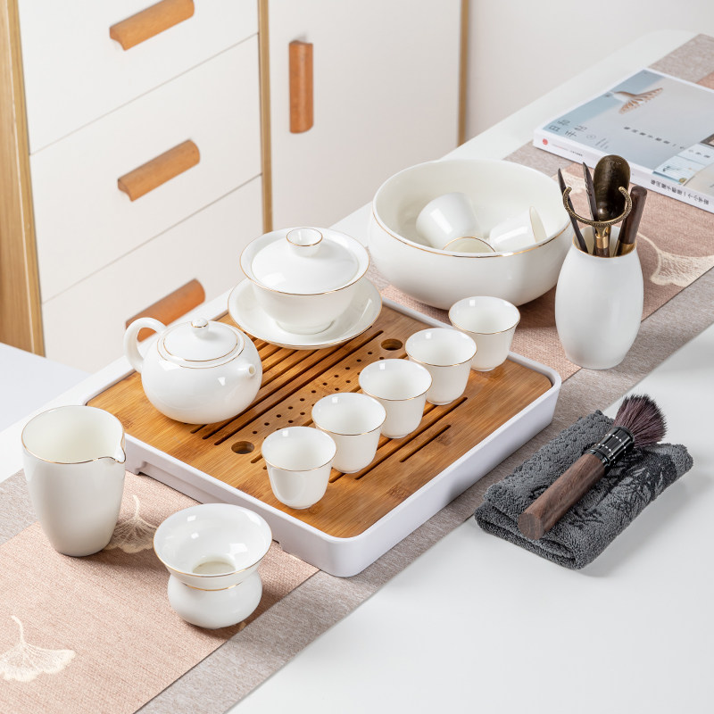 High-end white porcelain kung fu tea set household tea art minimal cascreen ceramic cup cover cup