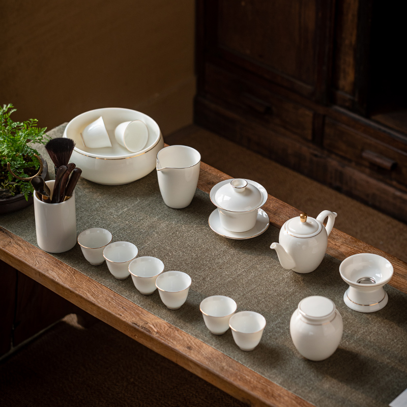 Sheep fat jade kung fu tea set home living room Chinese style tea office meeting guests Dehua white porcelain cover bowl teacup