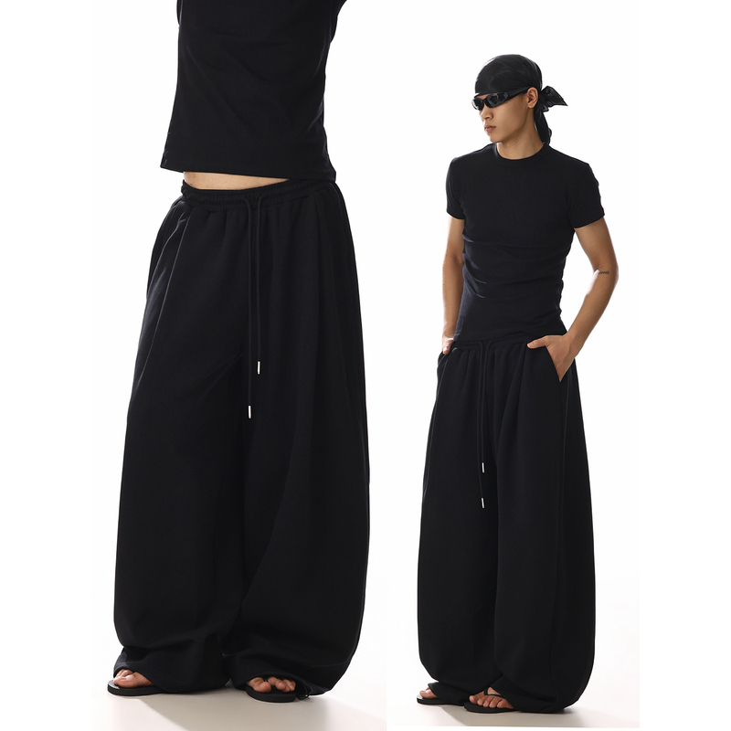 American Retro Elastic Waist Drawstring Black Sweatpants Unisex Summer New Loose Scimitar Casual Floor-Length Wide-Leg Pants American Retro Elastic Waist Drawstring Black Sweatpants Unisex Summer New Loose Scimitar Casual Floor-Length Wide-Leg Pants