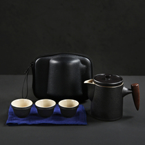 Outside Kilns Black Pottery Express Guest Cup One Pot Three Cups Travel Tea Set Portable Bag With Portable Teapot Floating Tea Cup
