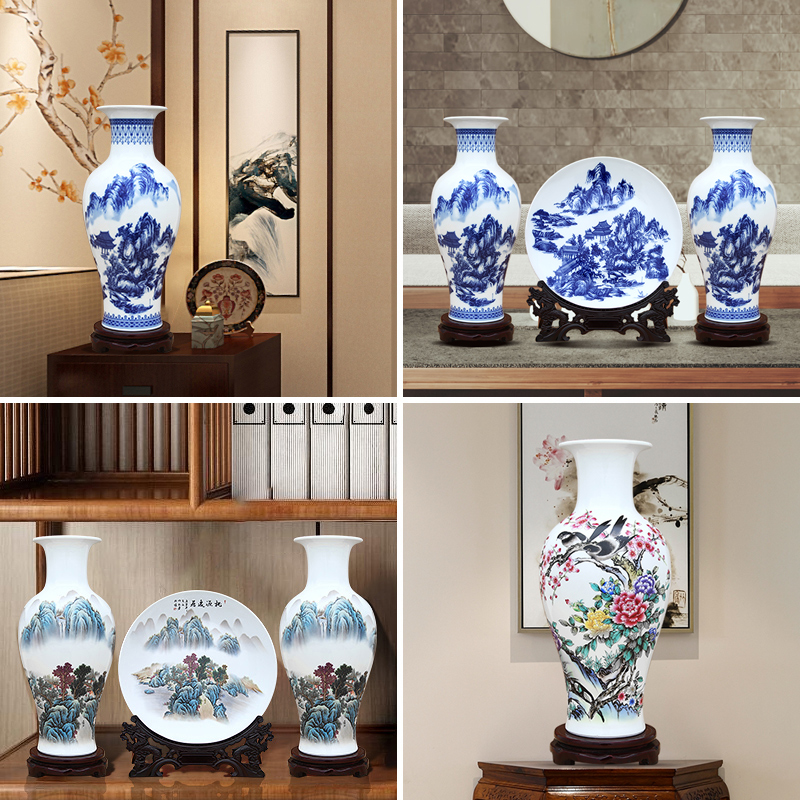 Jingdezhen blue and white porcelain vase three - piece ceramic furnishing articles sitting room TV ark of the sitting room porch handicraft ornament