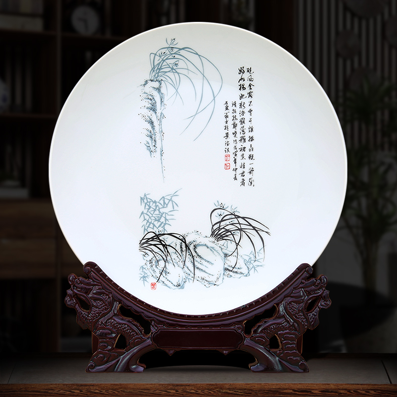 Jingdezhen Ceramic Ware Plate Decoration Hem Ink Color Melan Bamboo Chrysanthemum Crafts Gift Pendulum Decoration Wall Decoration Photo Pattern Customize