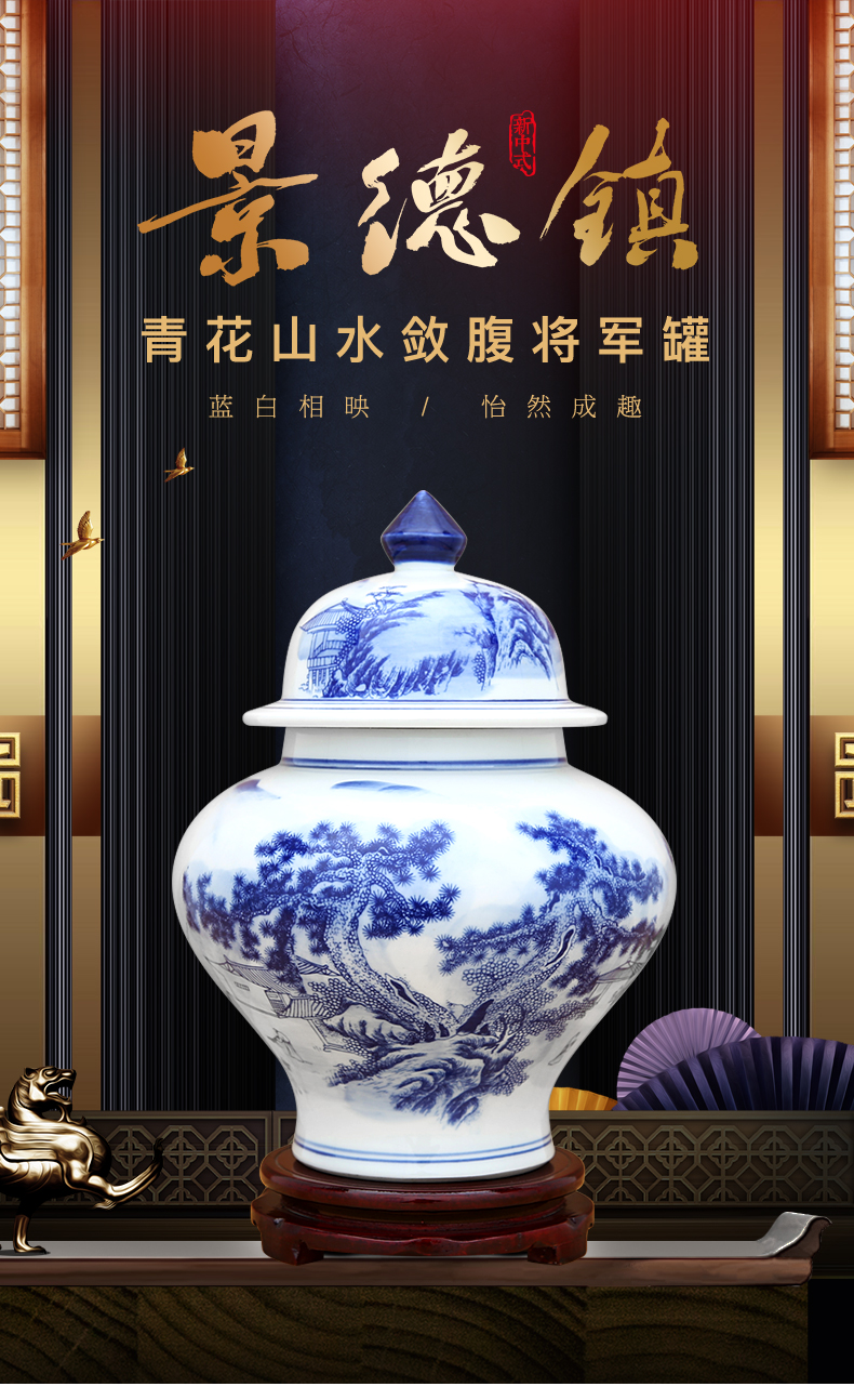 Jingdezhen blue and white porcelain jar furnishing articles landscape decorations with cover storage tank sitting room tea pot of new Chinese style decoration