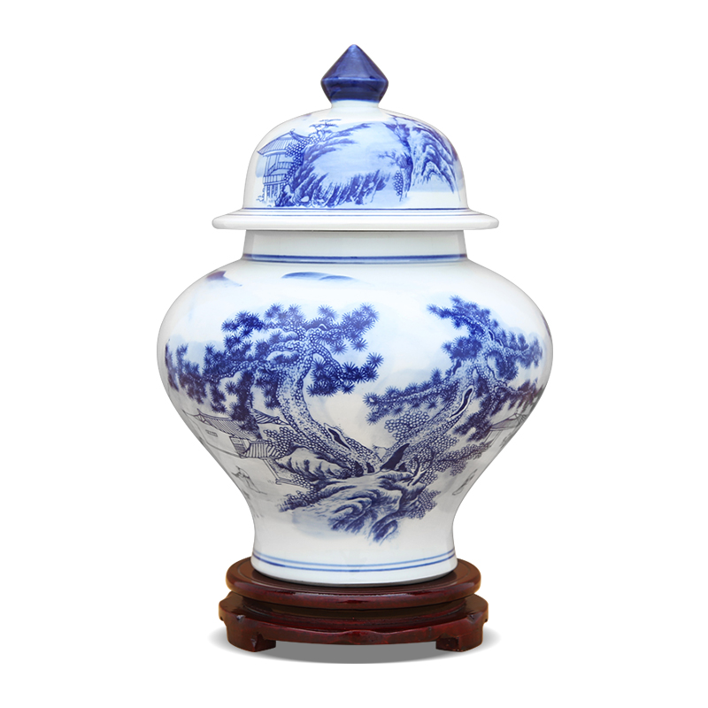 Jingdezhen blue and white porcelain jar furnishing articles landscape decorations with cover storage tank sitting room tea pot of new Chinese style decoration