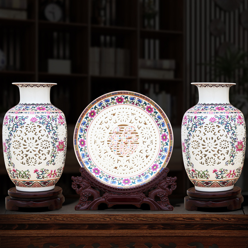 Chinese jingdezhen ceramics powder enamel hollow porcelain vase three - piece rich ancient frame furnishing articles home sitting room adornment