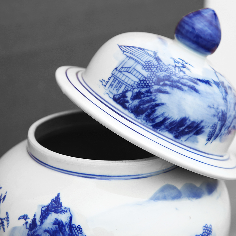 Jingdezhen ceramics general blue and white porcelain jar of blue and white landscape pattern adornment that occupy the home furnishing articles storage tank in the living room