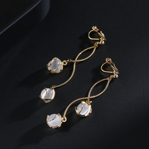 Earrings without ear clip cats eye stone earrings 2021 New Tide long temperament students advanced sense French earrings female