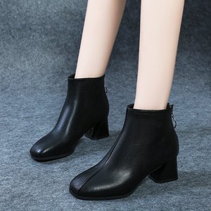 粗跟短靴女2020年新款秋季真软皮女鞋