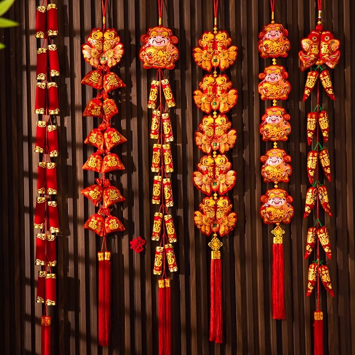 2025年新年飾りペンダント 巳年 春節 新年祝福爆竹紐 唐辛子紐 吊り下げ飾り お祝いアレンジメント用品