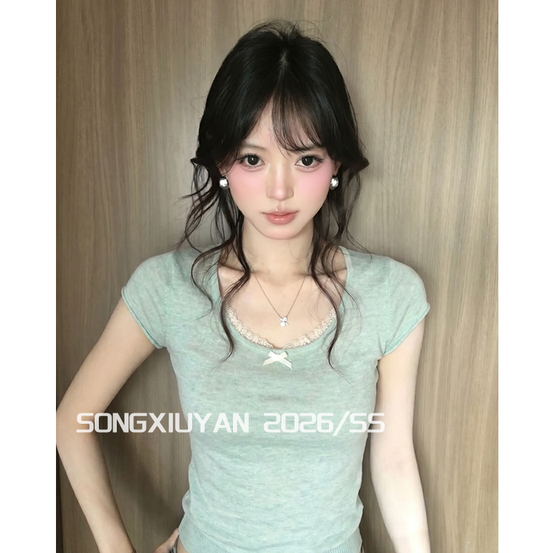 Song Xiuyan Seniors Summer Mint Green Lace Trim Large Round Neck Knitted T-Shirt Slim Fit Short Top Song Xiuyan Seniors Summer Mint Green Lace Trim Large Round Neck Knitted T-Shirt Slim Fit Short Top
