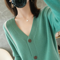Color-color V-neck knitted cardigan coat womens 100% pure wool 2021 spring new loose coat