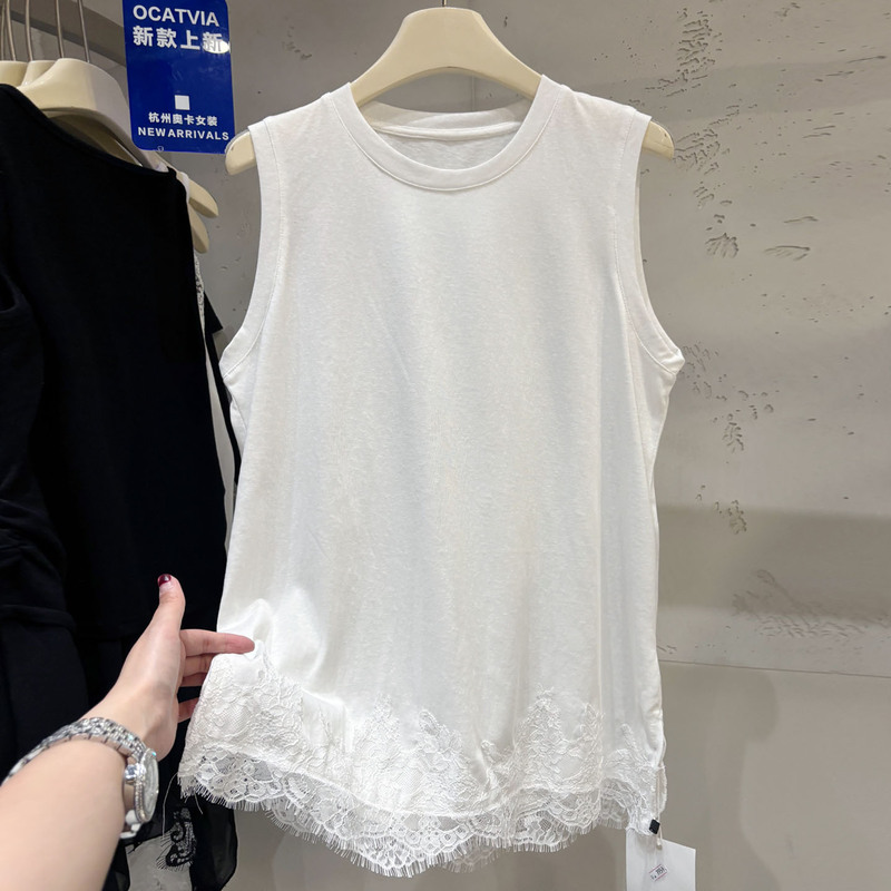 High-End European-Style Lace Trim Patchwork Double-Sided Slit Tank Top T-Shirt for Women 026 New Spring/Summer Slim-Fit Layered Top
