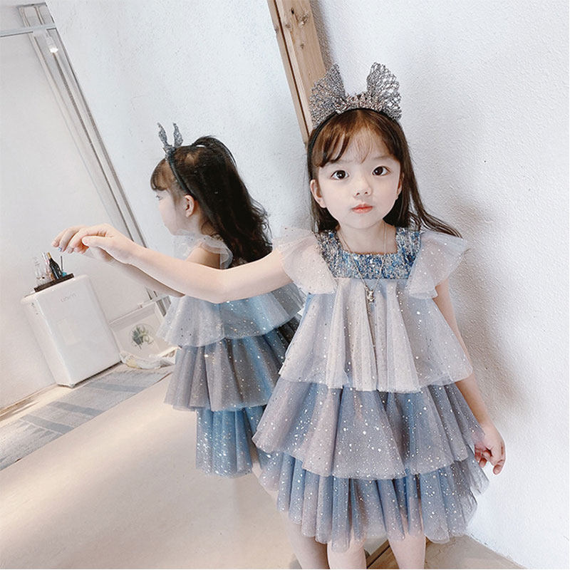 Girls dress summer dress 2021 foreign atmosphere children children puffed gauze skirt 3 cake 4 princess skirt 5 dress 6 years old