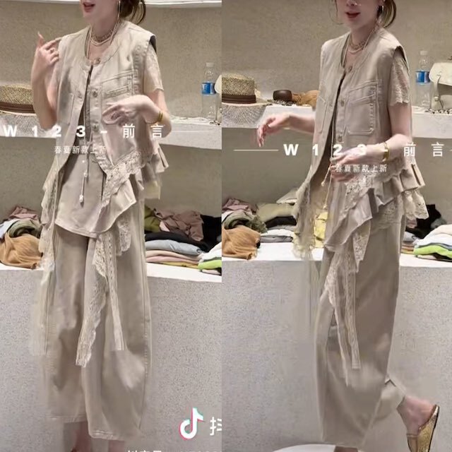 Atmospheric and Fashionable Women's Outfit Set, New Summer Design, Sleeveless Vest, Short-Sleeve Top, Wide-Leg Pants Three-Piece Set
