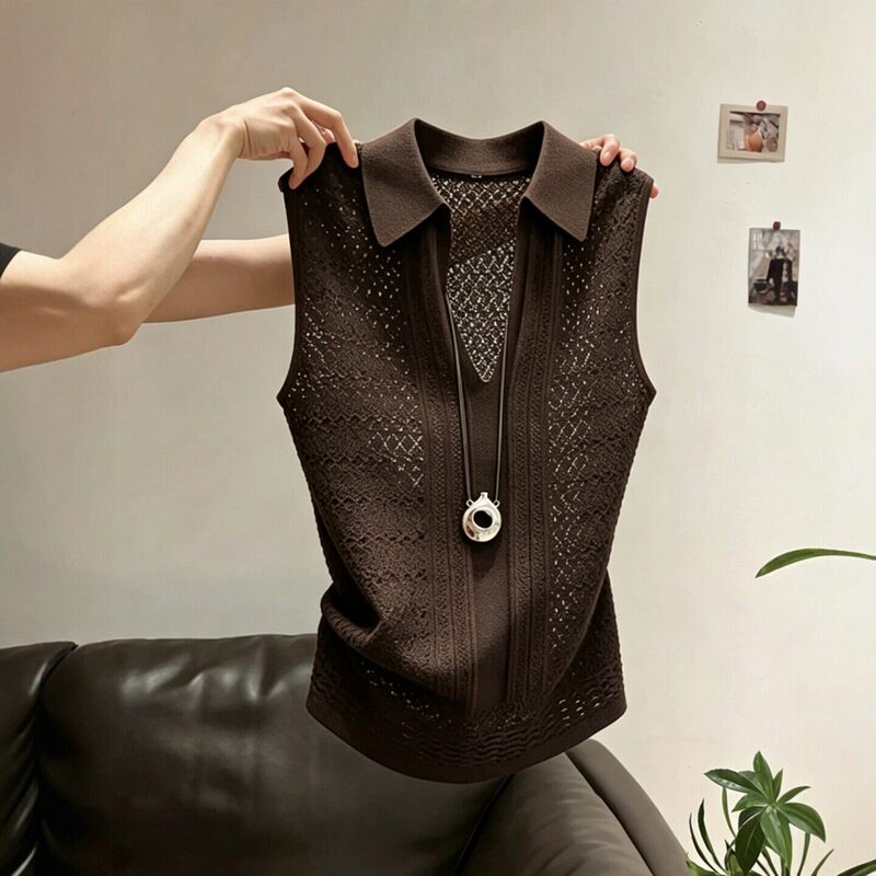 High-End Coffee-Colored Polo Collar Hollow-Out Knit Vest for Women, New Summer Style Versatile Slim-Fit Sleeveless Top Trendy High-End Coffee-Colored Polo Collar Hollow-Out Knit Vest for Women, New Summer Style Versatile Slim-Fit Sleeveless Top Trendy