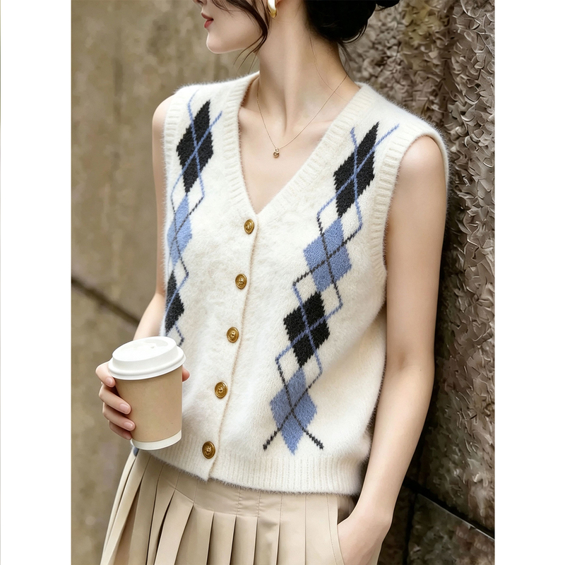 Korean-Style Lazy Style Color-Blocked Diamond-Pattern V-Neck Knitted Vest for Women, Loose Fit, Layered Sweater, Sleeveless Top for Autumn Korean-Style Lazy Style Color-Blocked Diamond-Pattern V-Neck Knitted Vest for Women, Loose Fit, Layered Sweater, Sleeveless Top for Autumn