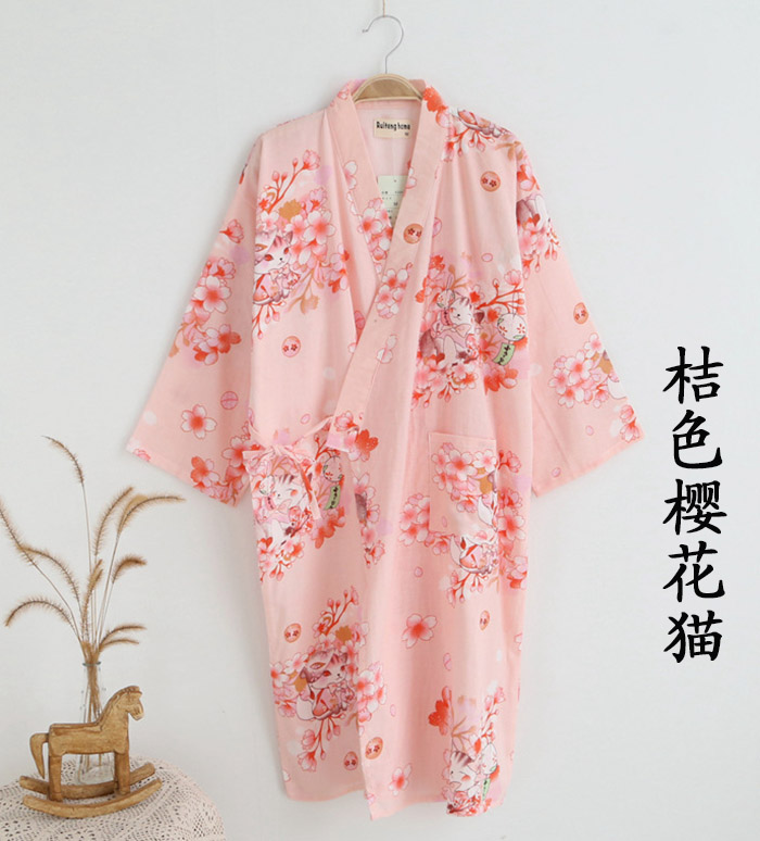 Nhật bản phong cách mỏng áo bông gạc áo choàng dịch vụ nhà kimono áo choàng tắm chín- điểm tay áo phần dài mảnh duy nhất nữ mùa hè