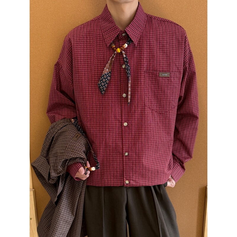 Yinkkssen Scottish Retro Burgundy Plaid Long-Sleeved Shirt for Men, Loose Casual Lazy Couple Style Shirt Yinkkssen Scottish Retro Burgundy Plaid Long-Sleeved Shirt for Men, Loose Casual Lazy Couple Style Shirt