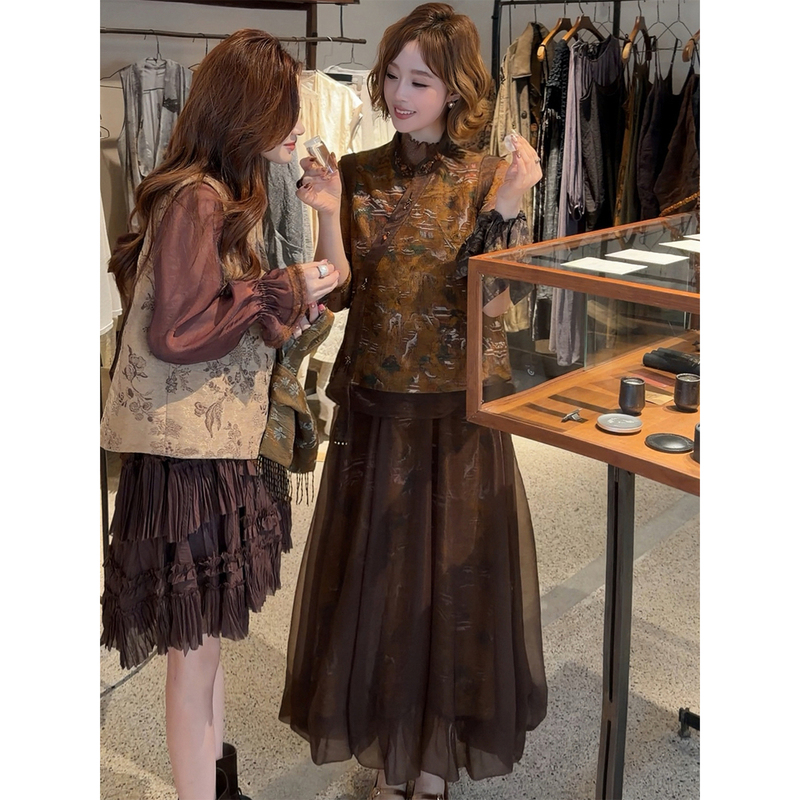 Yolo Youlu·Mountain Moon·New Chinese Style Autumn 100% Rayon Snow Pattern Handmade Vest Two-Piece Set for Women Yolo Youlu·Mountain Moon·New Chinese Style Autumn 100% Rayon Snow Pattern Handmade Vest Two-Piece Set for Women