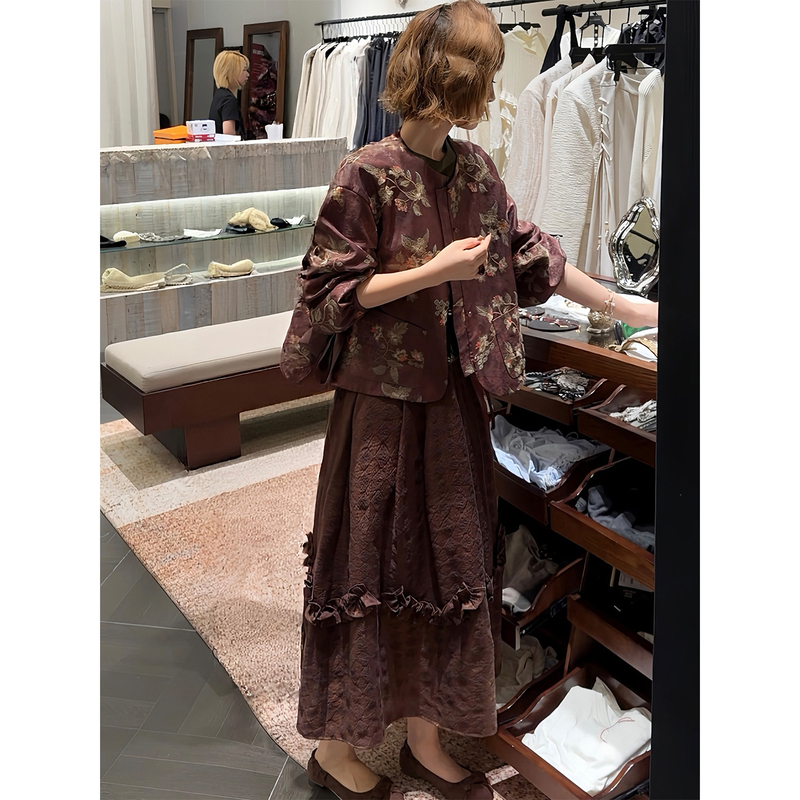 Yolo Youlu•Bum New Chinese Style Autumn Shimmering Brocade Original Three-Dimensional Diamond Pattern Jacquard Lace Ruffle Skirt Yolo Youlu•Bum New Chinese Style Autumn Shimmering Brocade Original Three-Dimensional Diamond Pattern Jacquard Lace Ruffle Skirt