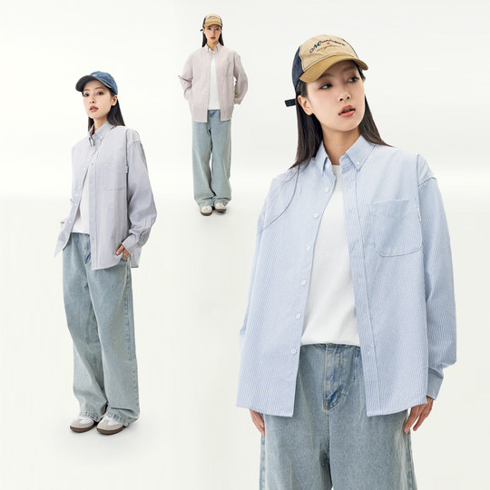 MANNSTU 日系休闲条纹长袖衬衫女 情侣装复古刺绣衬衣上衣外套男