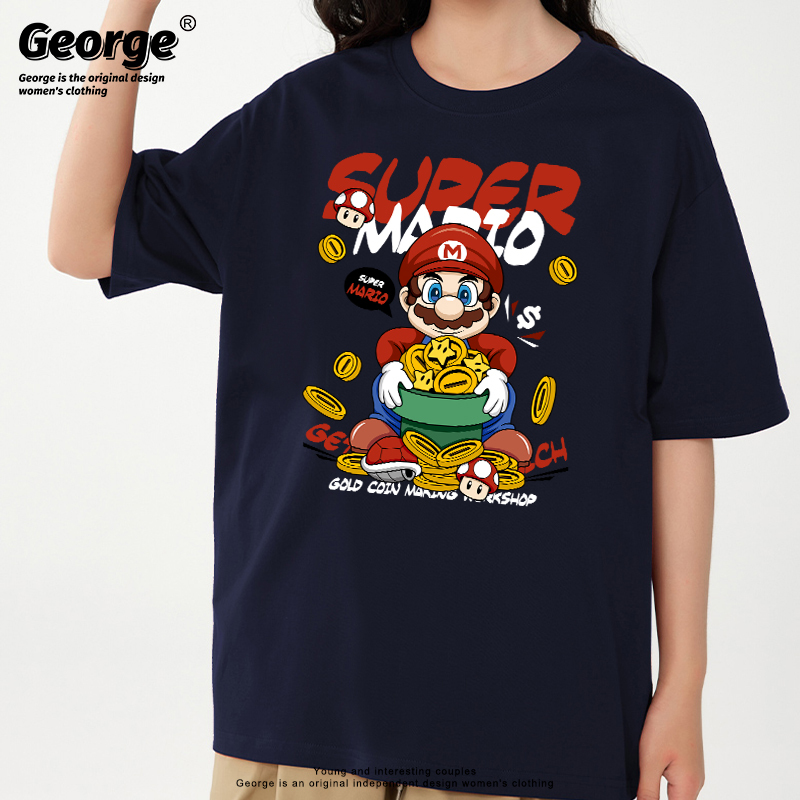 Super Mario Game Cartoon Merchandise Short-Sleeve Coin Mario Hand-Drawn T-Shirt Loose Casual Salt-Style Cotton Summer Trend