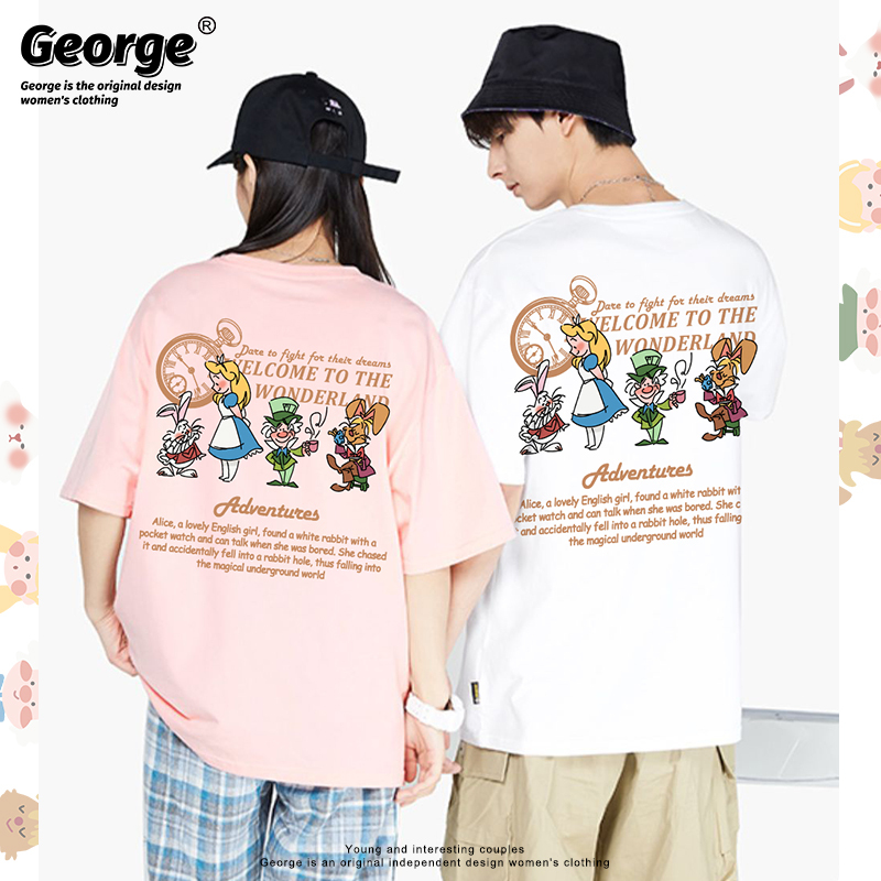 New Korean Style Short-Sleeved T-Shirt Alice in Wonderland Dream Clock Top Versatile Loose Half-Sleeve Unisex Summer