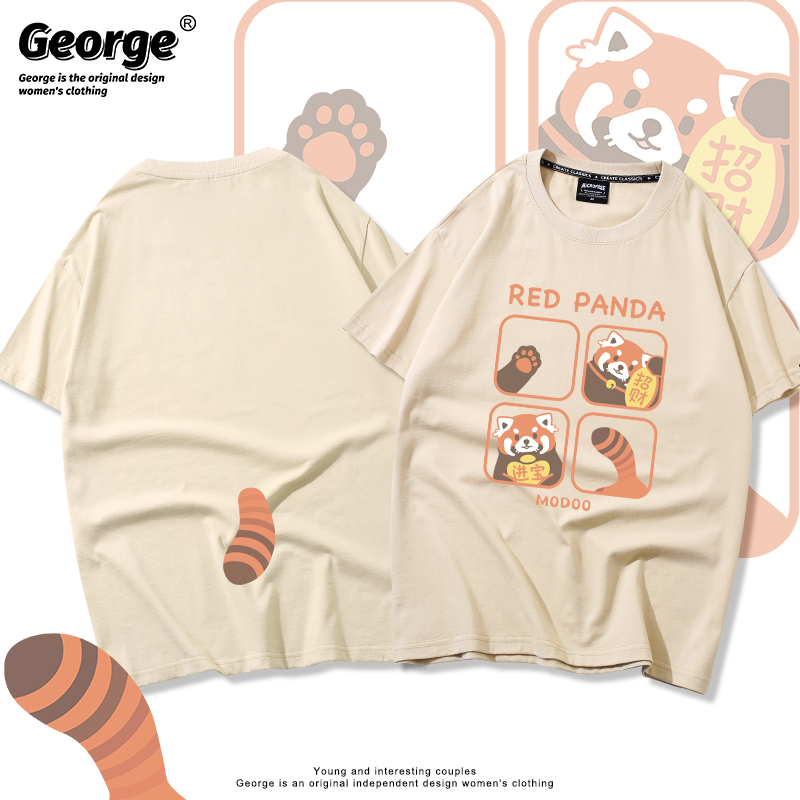 Japanese Healing Style Red Panda Brings Wealth and Treasure Round Neck Short-Sleeved Summer New Loose Pure Cotton Trendy Unisex T-Shirt