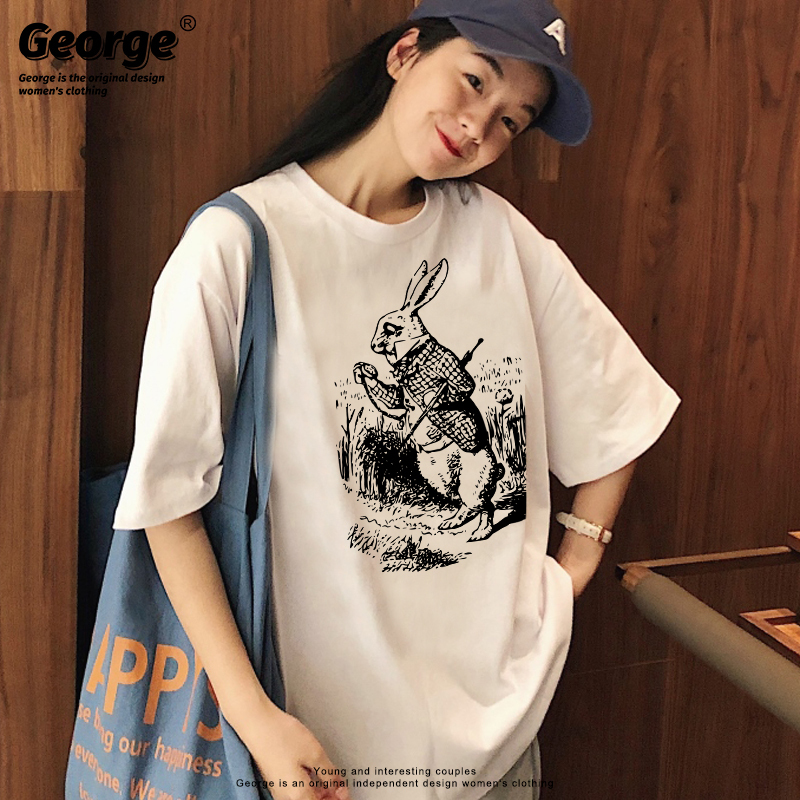 Alice in Wonderland Mr. White Rabbit Themed Hand-Drawn Sketch Style Short-Sleeve T-Shirt, Loose Casual Half-Sleeve Summer Trend