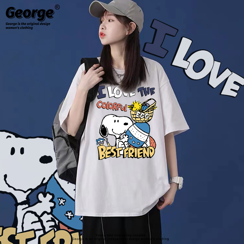 Snoopy Cartoon American Style Trendy Short-Sleeve T-Shirt, Loose and Casual, Versatile Round Neck Summer Couple Outfit, Half-Sleeve Cotton Snoopy Cartoon American Style Trendy Short-Sleeve T-Shirt, Loose and Casual, Versatile Round Neck Summer Couple Outfit, Half-Sleeve Cotton